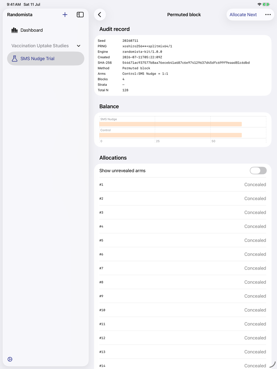 Sequence detail screen with the sealed audit card showing seed, PRNG identifier and SHA-256 hash