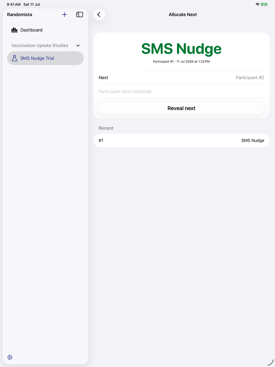Allocate Next screen showing a revealed SMS Nudge assignment